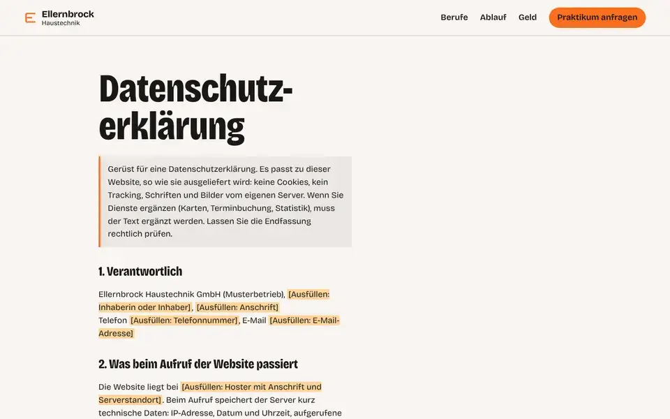 Ellernbrock, page "Datenschutz (Vorlage)", first screen