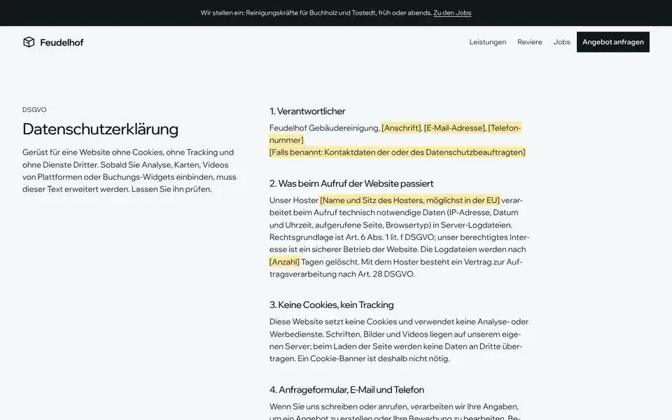 Feudelhof, Seite „Datenschutz“, erster Bildschirm