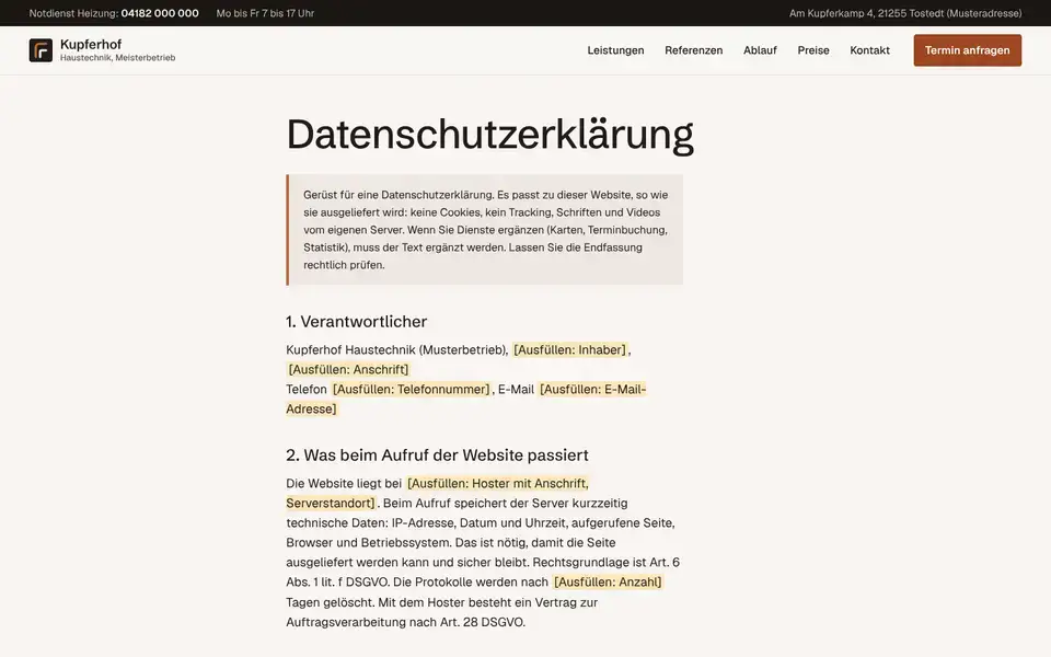 Kupferhof, Seite „Datenschutzerklärung (Gerüst)“, erster Bildschirm