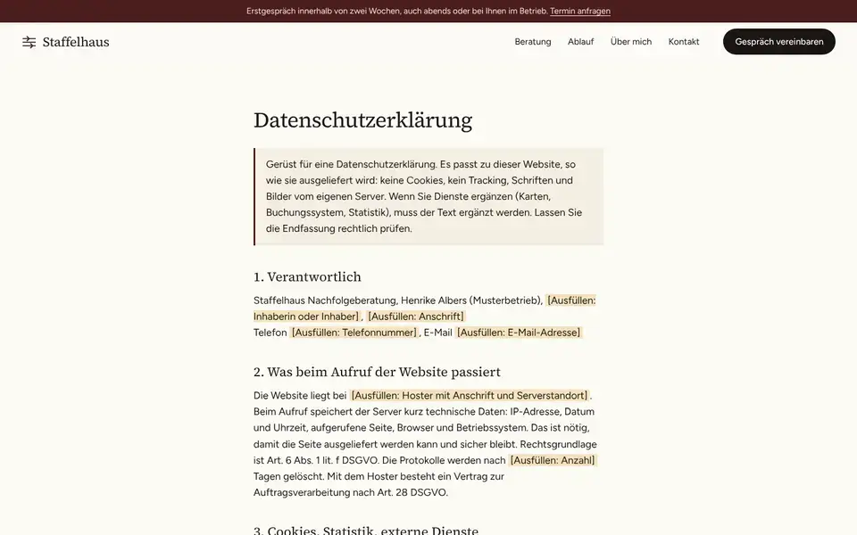 Staffelhaus, Seite „Datenschutz (Vorlage)“, erster Bildschirm