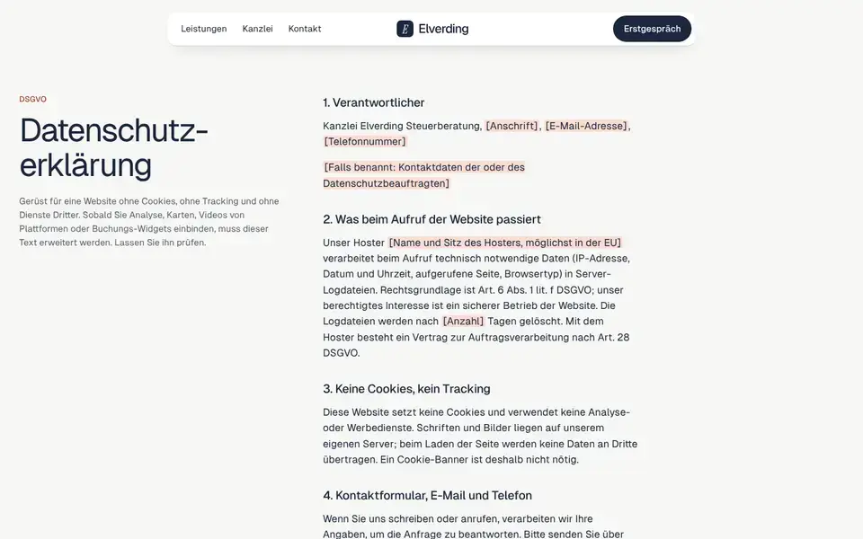 Elverding, Seite „Datenschutz (Vorlage)“, erster Bildschirm