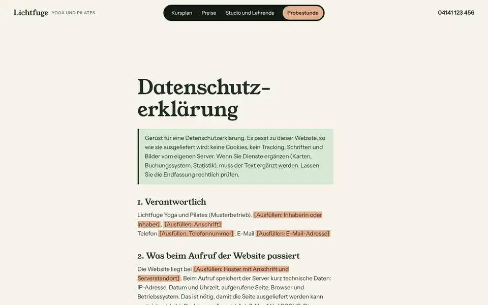 Lichtfuge, page "Datenschutz (Vorlage)", first screen
