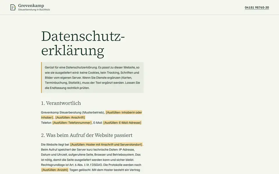 Grevenkamp, page "Datenschutz (Vorlage)", first screen