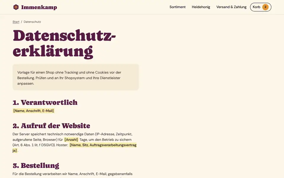 Immenkamp, page "Datenschutz", first screen