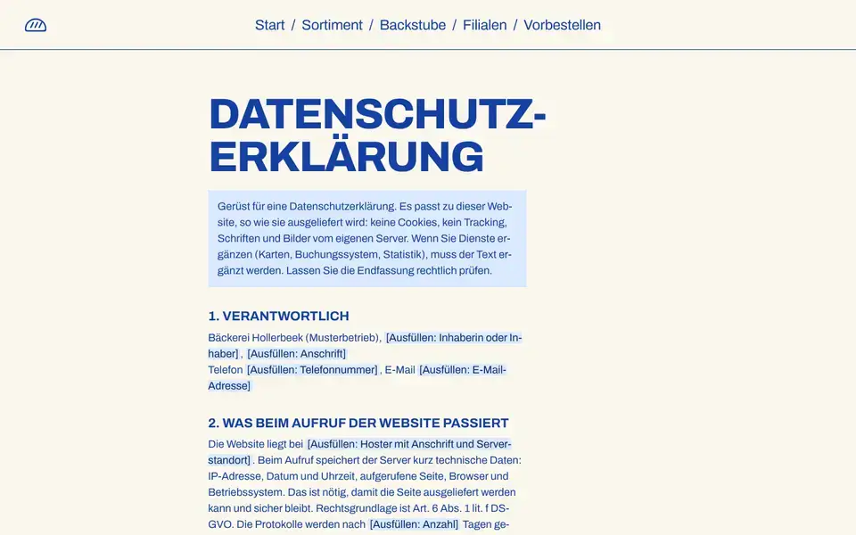 Hollerbeek, page "Datenschutz (Vorlage)", first screen