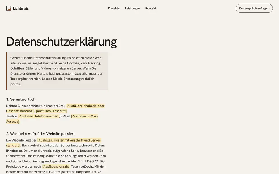 Lichtmaß, page "Datenschutzerklärung (Gerüst)", first screen