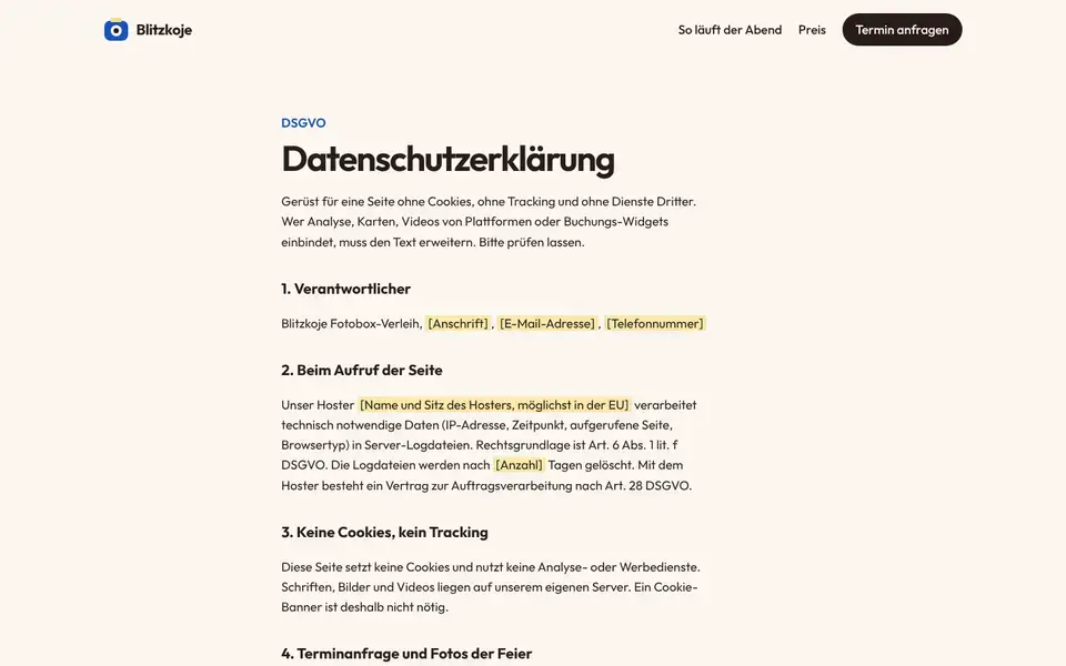 Blitzkoje, Seite „Datenschutz (Vorlage)“, erster Bildschirm