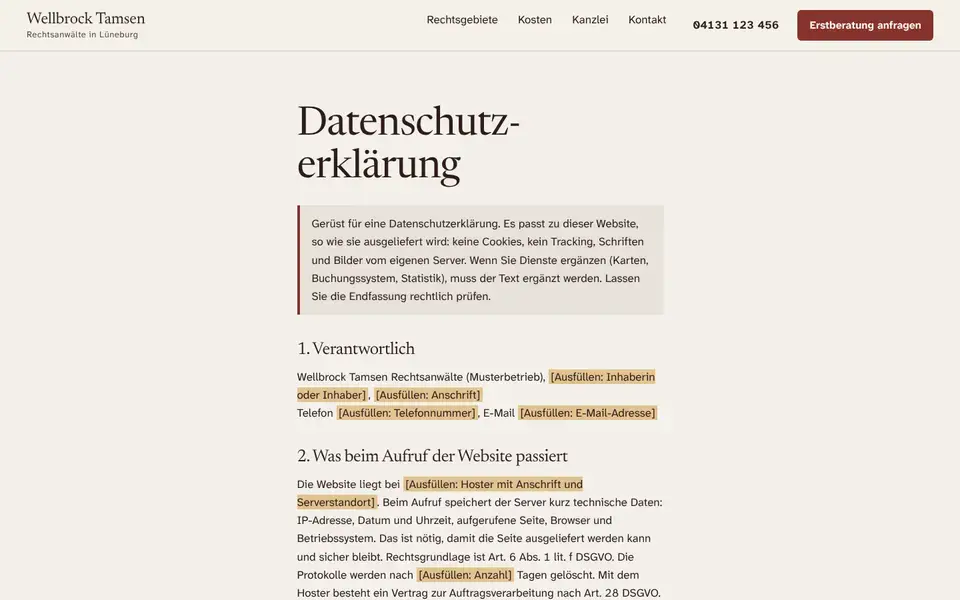 Wellbrock Tamsen, page "Datenschutz (Vorlage)", first screen