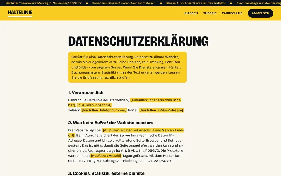 Haltelinie, Seite „Datenschutz (Vorlage)“, erster Bildschirm