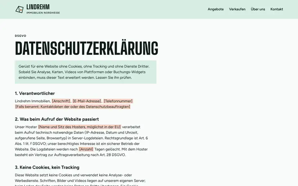 Lindrehm, page "Datenschutz", first screen