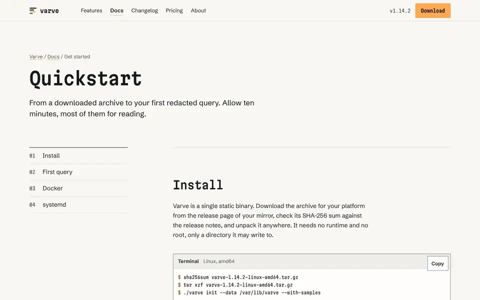 Specimen, Seite „Docs article template (Quickstart)“, erster Bildschirm