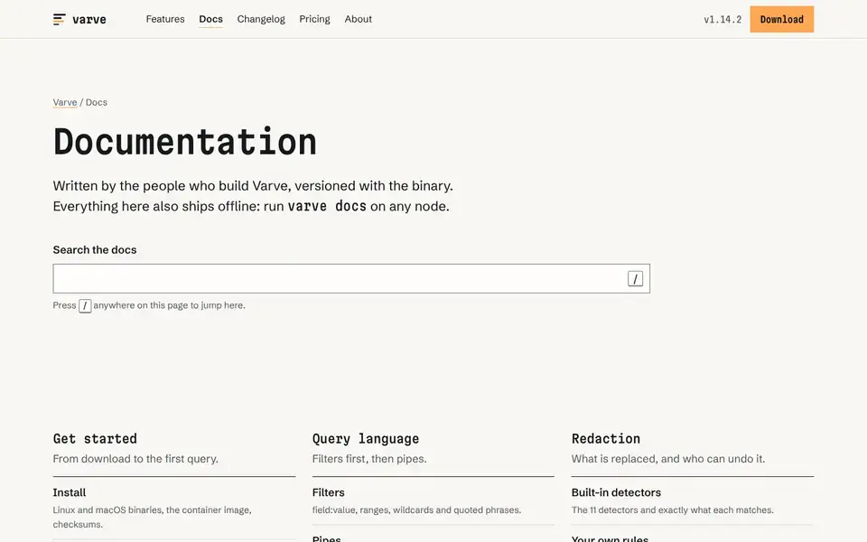 Specimen, Seite „Docs landing“, erster Bildschirm