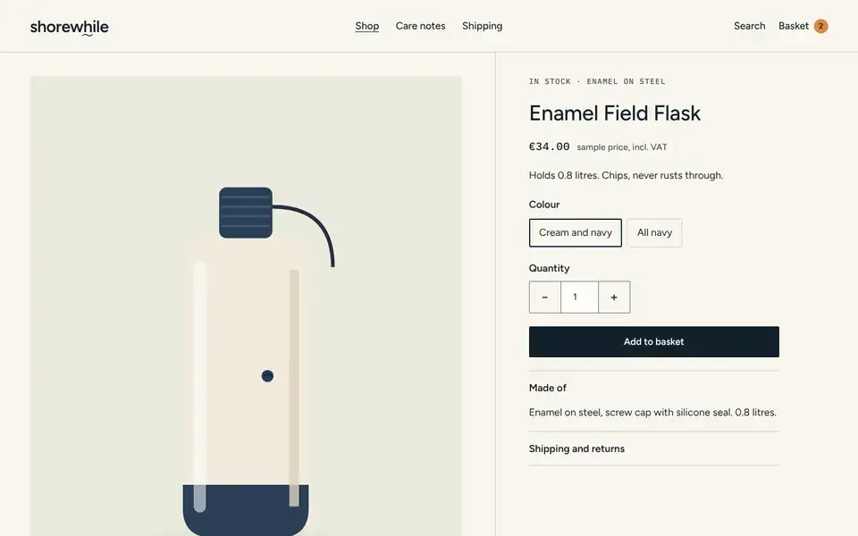 Shorewhile, page "Product: Enamel Field Flask", first screen