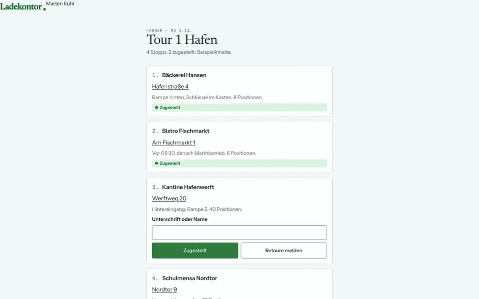 Ladekontor, Seite „Fahrer: Tour“, erster Bildschirm