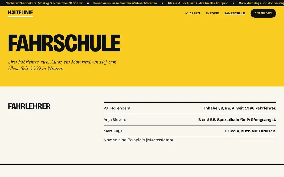 Haltelinie, Seite „Fahrlehrer, Fahrzeuge, Ablauf“, erster Bildschirm
