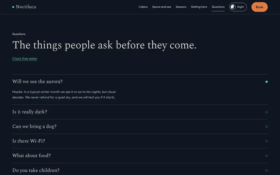 Noctiluca, Seite „Questions“, erster Bildschirm