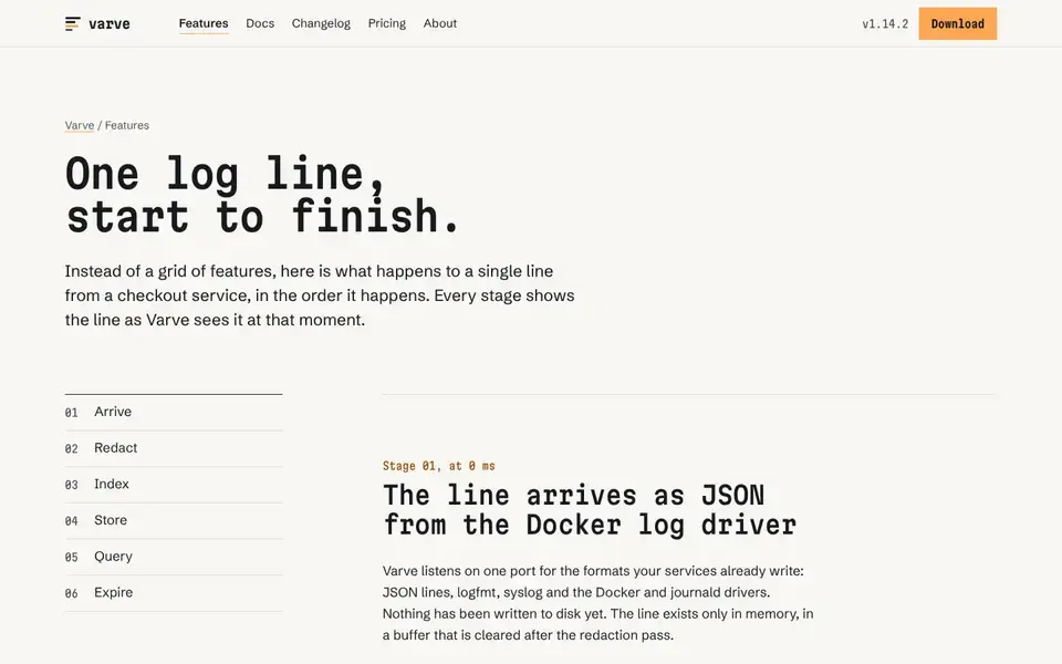 Specimen, Seite „Features (one log line, start to finish)“, erster Bildschirm