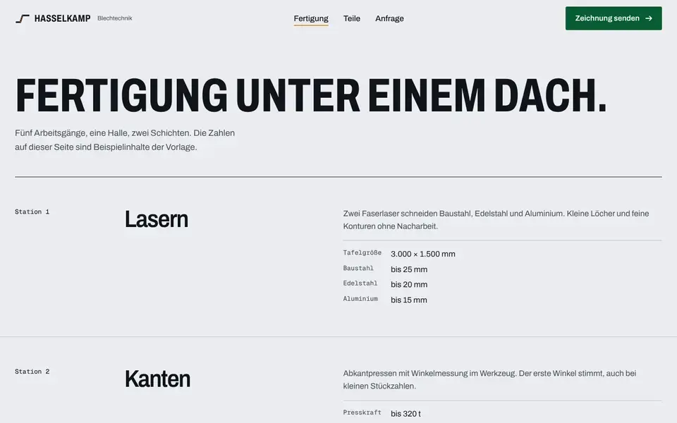 Hasselkamp, page "Fertigung", first screen