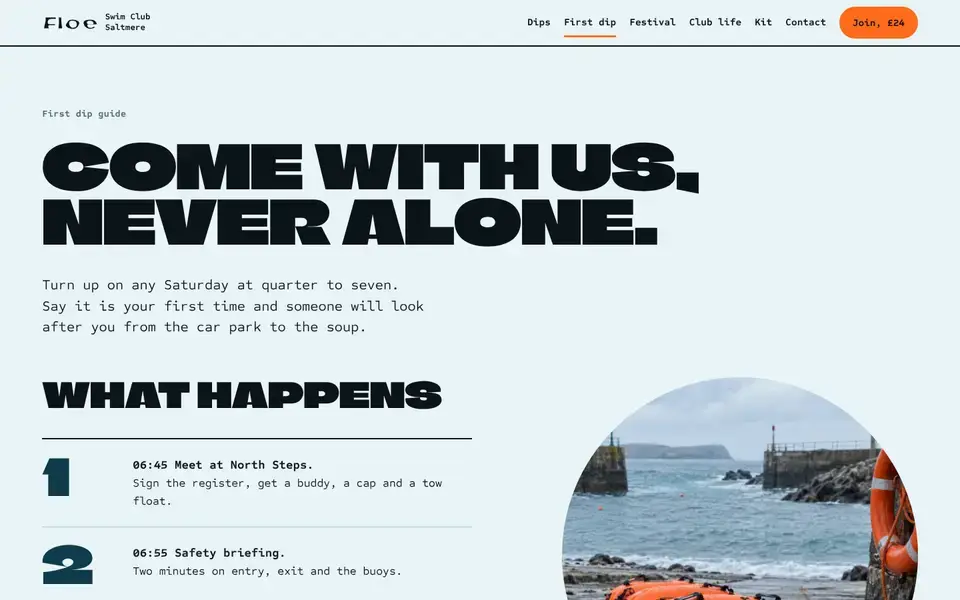 Floe, page "First dip guide (safety)", first screen
