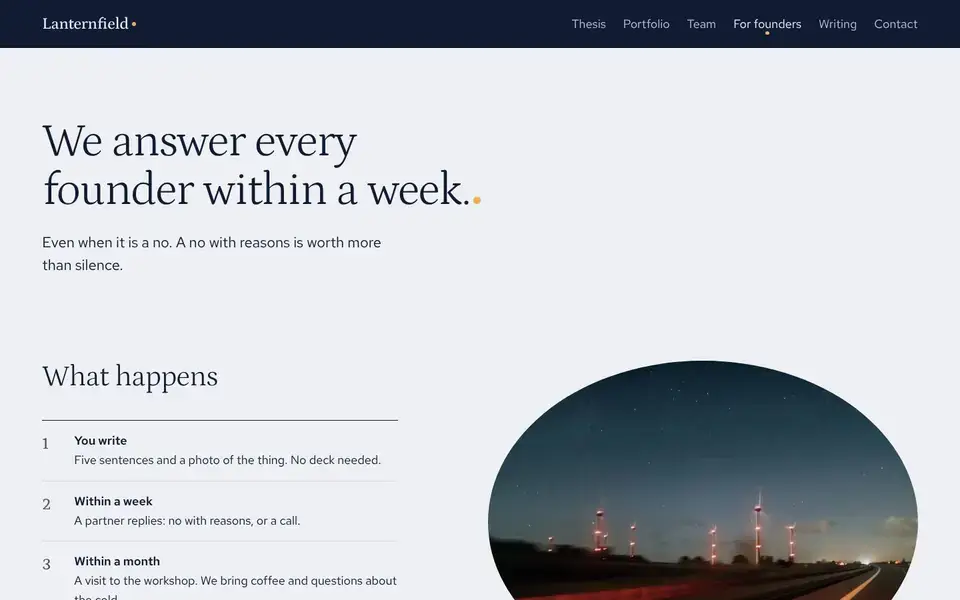 Lanternfield, page "For founders", first screen