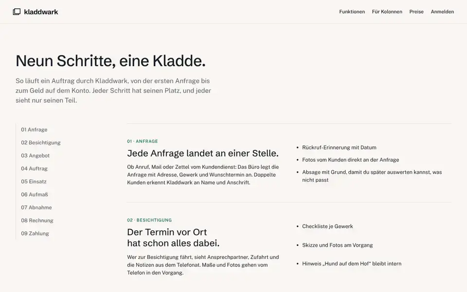 Kladdwark, page "Funktionen", first screen