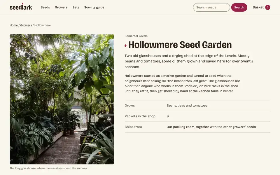 Seedlark, page "Grower page", first screen