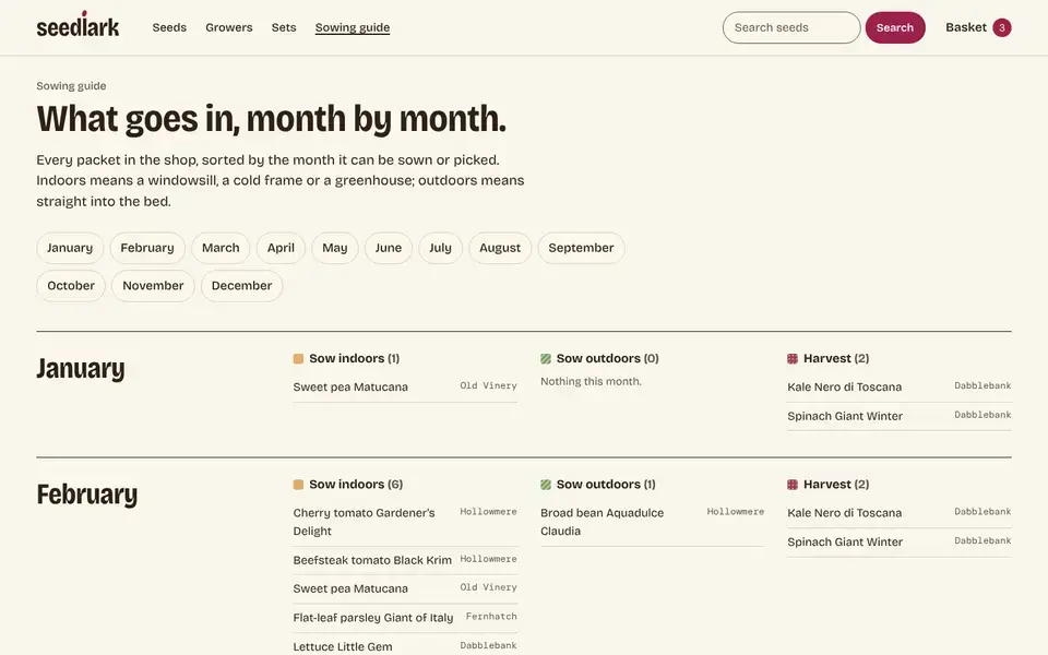 Seedlark, page "Sowing guide, month by month", first screen