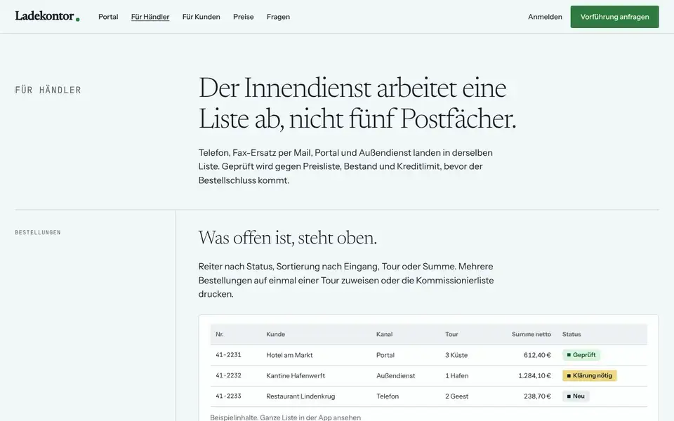 Ladekontor, Seite „Für Händler: die Innendienst-App“, erster Bildschirm