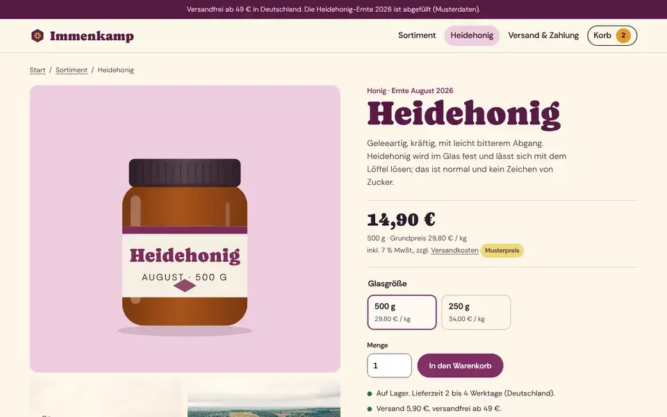Immenkamp, page "Heidehonig 500 g und 250 g kaufen", first screen