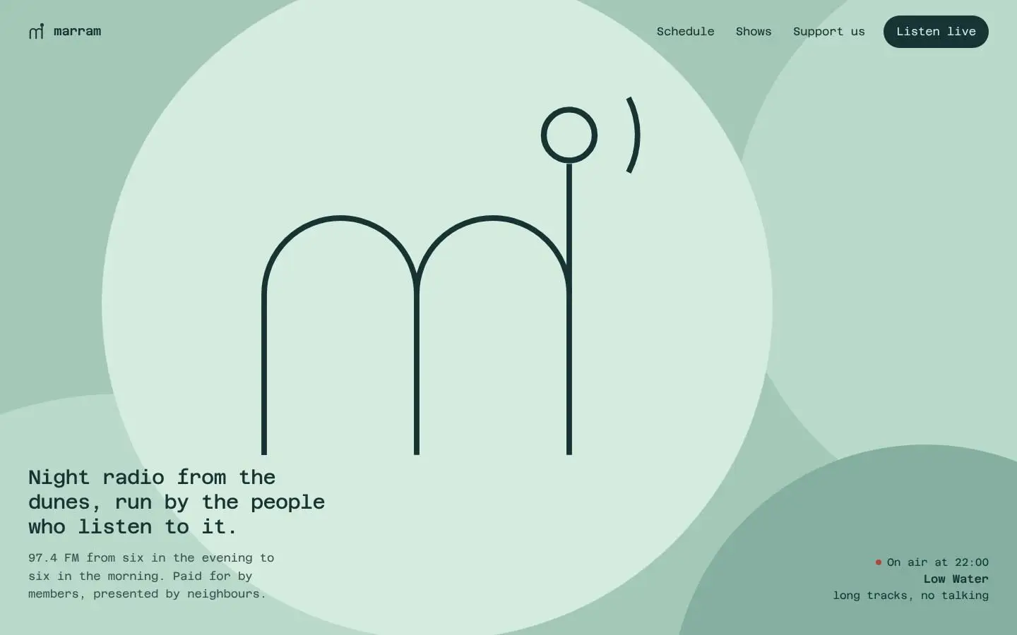 Marram Radio, Seite „Home“, erster Bildschirm