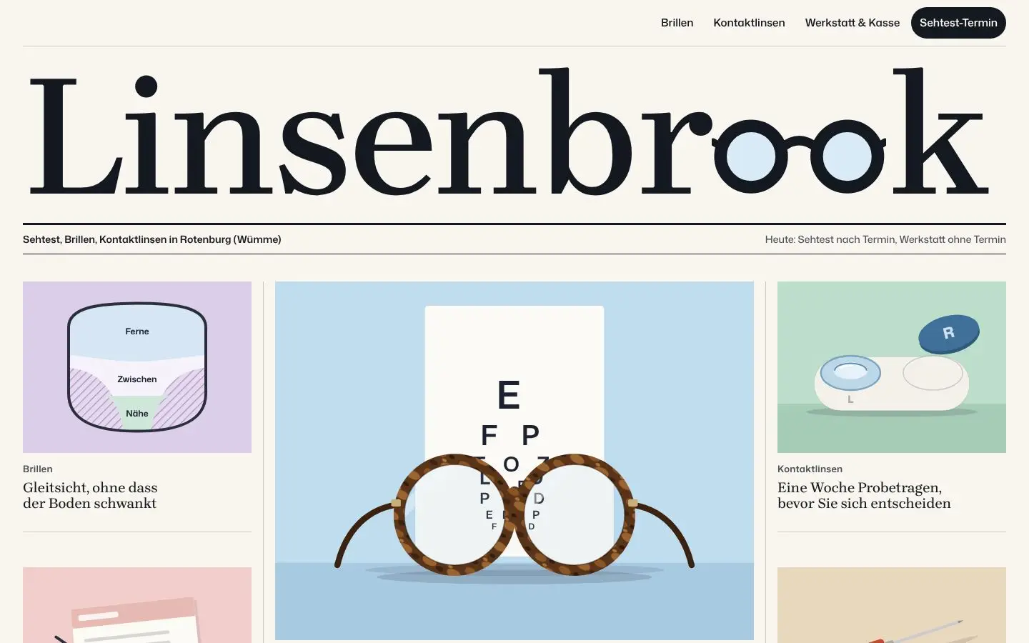 Linsenbrook, Seite „Augenoptik Linsenbrook, Rotenburg (Wümme): Sehtest, Brillen, Kontaktlinsen“, erster Bildschirm