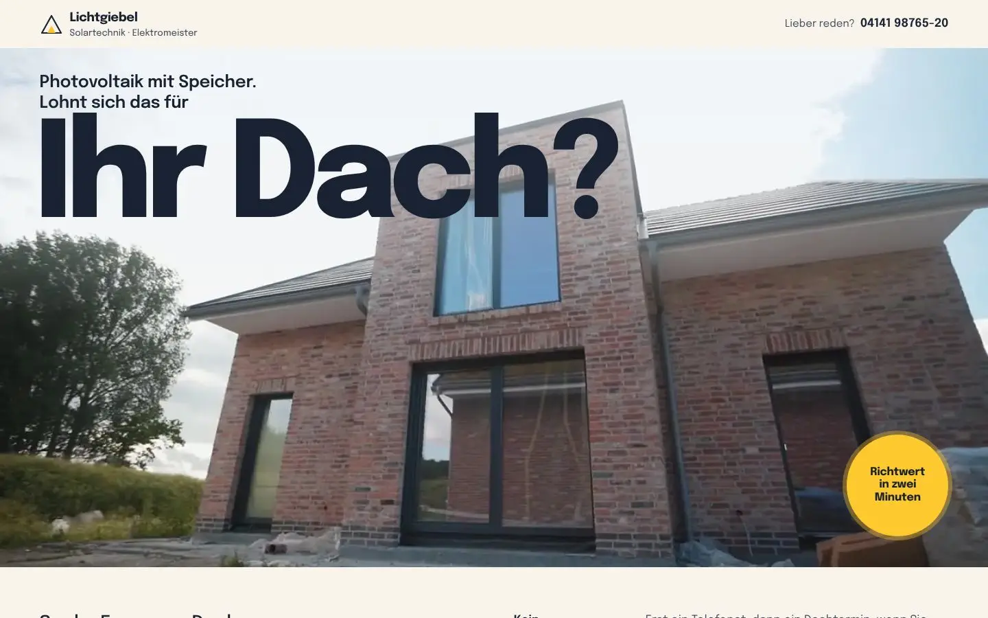 Lichtgiebel, Seite „Start (Funnel + Rechner)“, erster Bildschirm