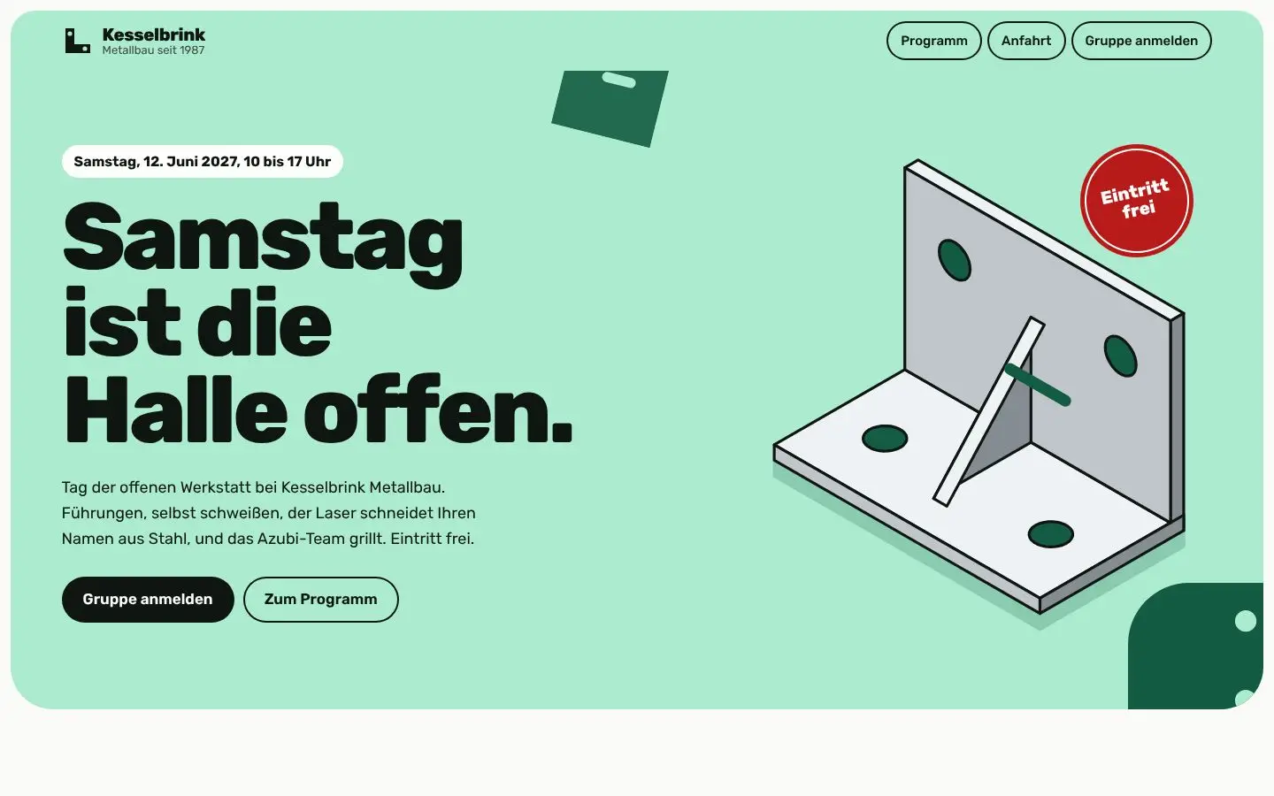 Kesselbrink, Seite „Start (Programm, Anfahrt, Gruppenanmeldung)“, erster Bildschirm