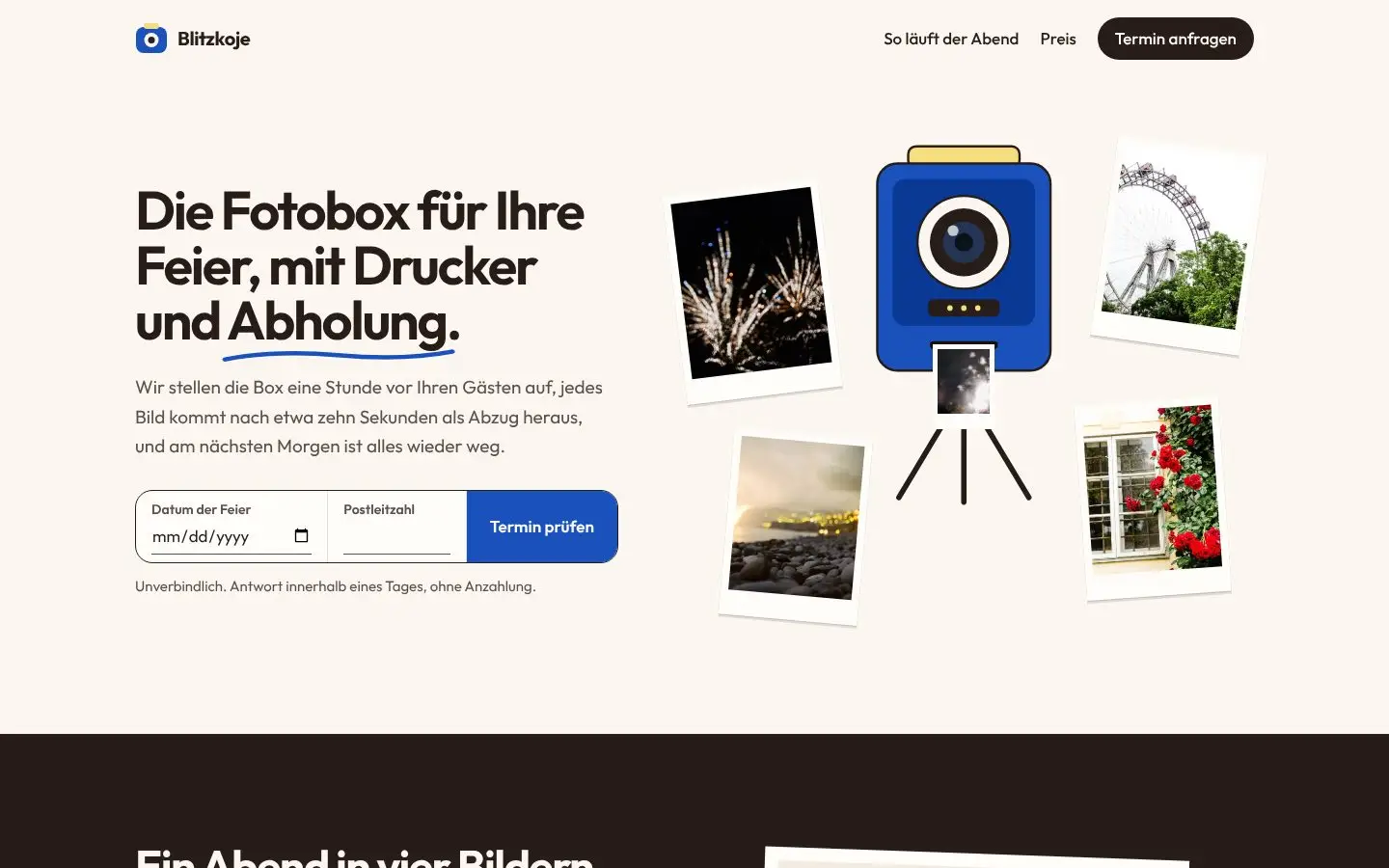 Blitzkoje, Seite „Start“, erster Bildschirm