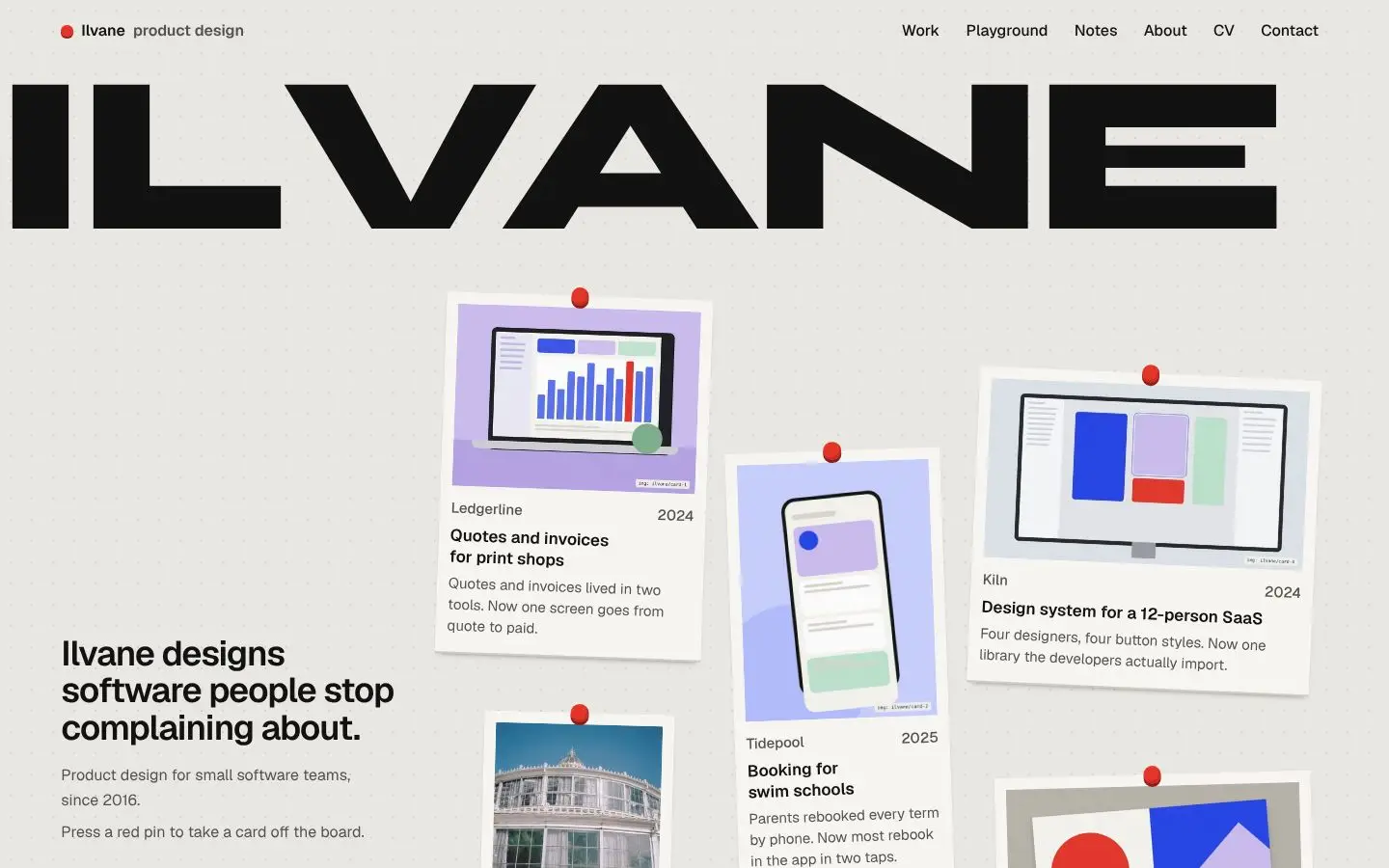 Ilvane, page "Home: cropped wordmark and pinboard", first screen