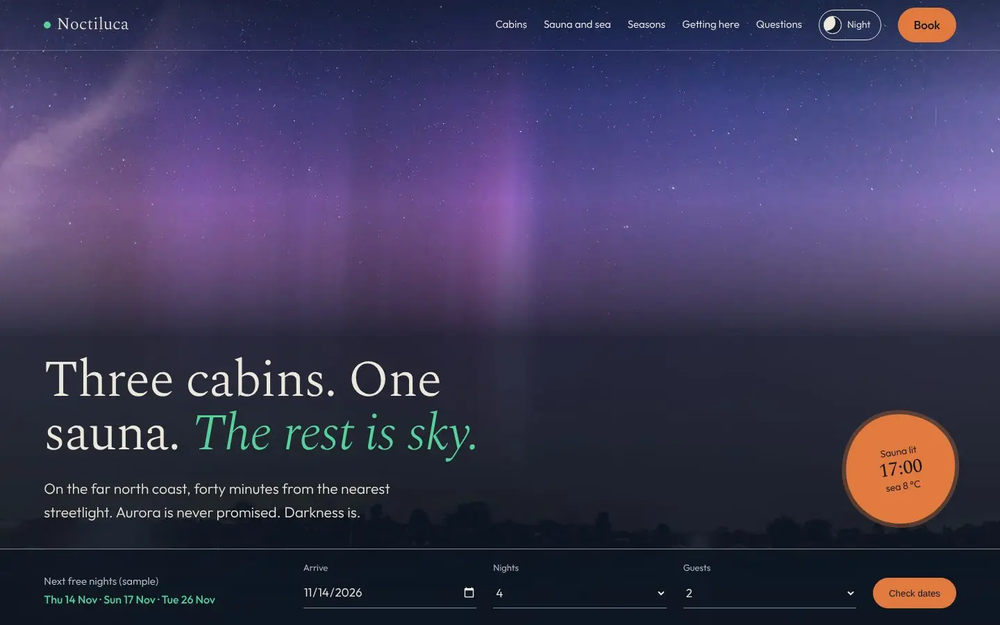 Noctiluca, Seite „Home“, erster Bildschirm