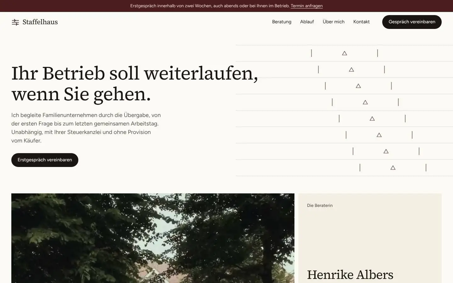 Staffelhaus, Seite „Start“, erster Bildschirm