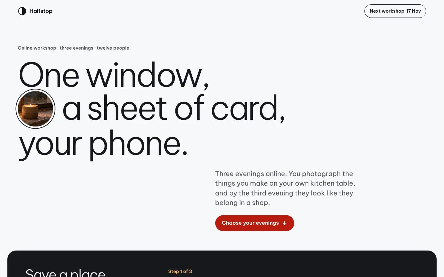 Halfstop, Seite „Home (one-pager with sign-up)“, erster Bildschirm
