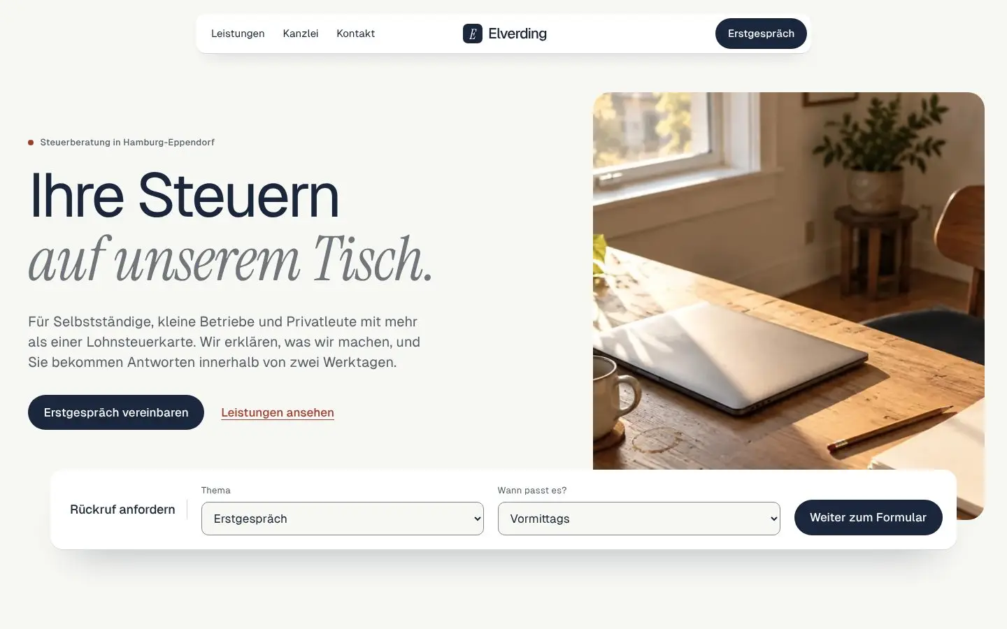 Elverding, Seite „Start“, erster Bildschirm