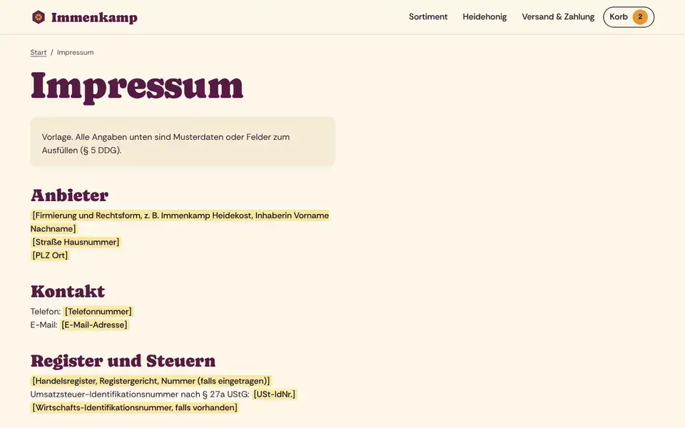 Immenkamp, page "Impressum", first screen
