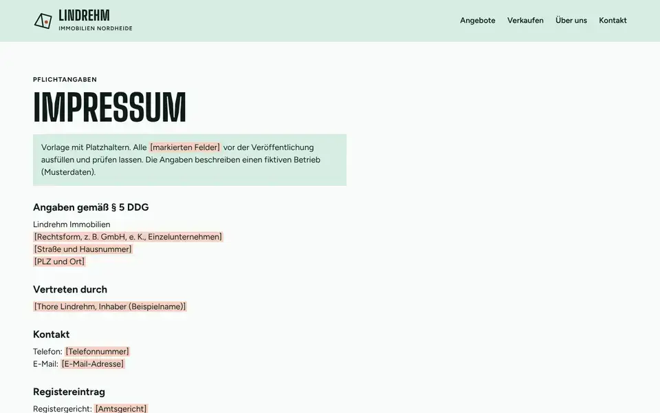 Lindrehm, page "Impressum", first screen