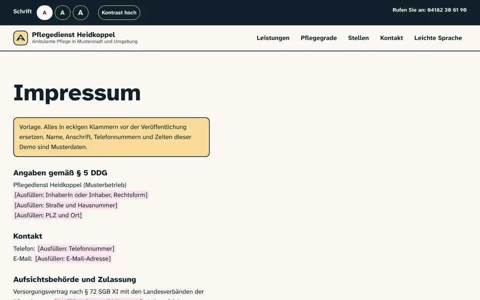 Heidkoppel, Seite „Impressum (Vorlage § 5 DDG)“, erster Bildschirm
