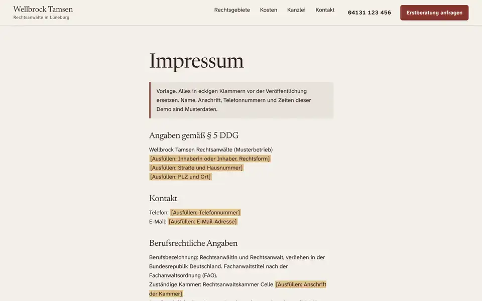 Wellbrock Tamsen, page "Impressum (Vorlage § 5 DDG, berufsrechtliche Angaben)", first screen