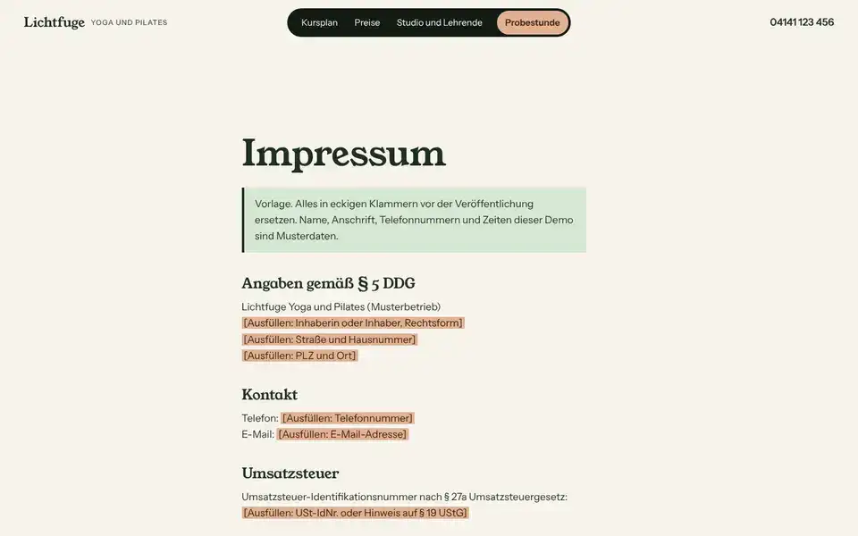 Lichtfuge, page "Impressum (Vorlage § 5 DDG)", first screen