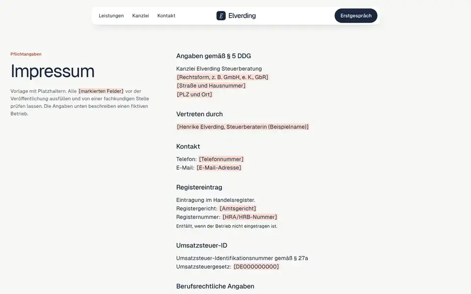 Elverding, Seite „Impressum (Vorlage § 5 DDG)“, erster Bildschirm