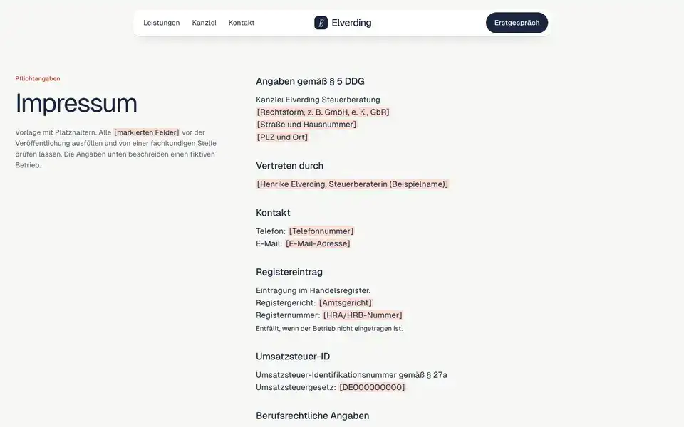 Elverding, page "Impressum (Vorlage § 5 DDG)", first screen