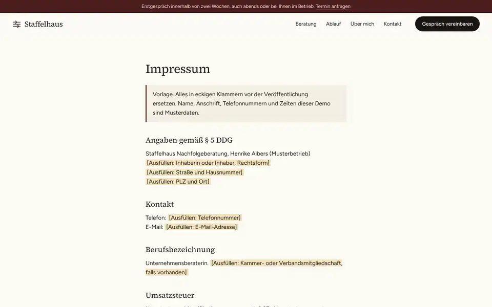 Staffelhaus, Seite „Impressum (Vorlage § 5 DDG)“, erster Bildschirm