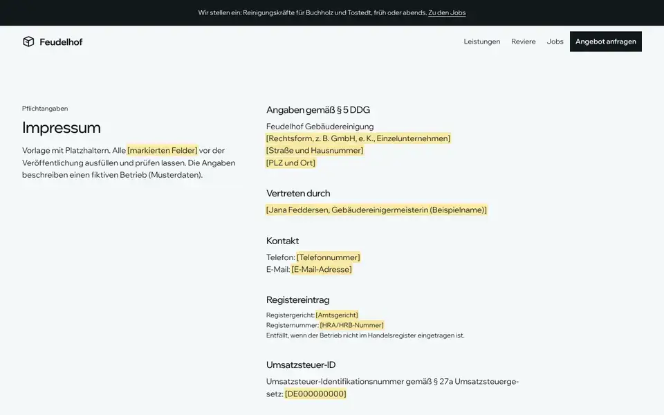 Feudelhof, Seite „Impressum“, erster Bildschirm