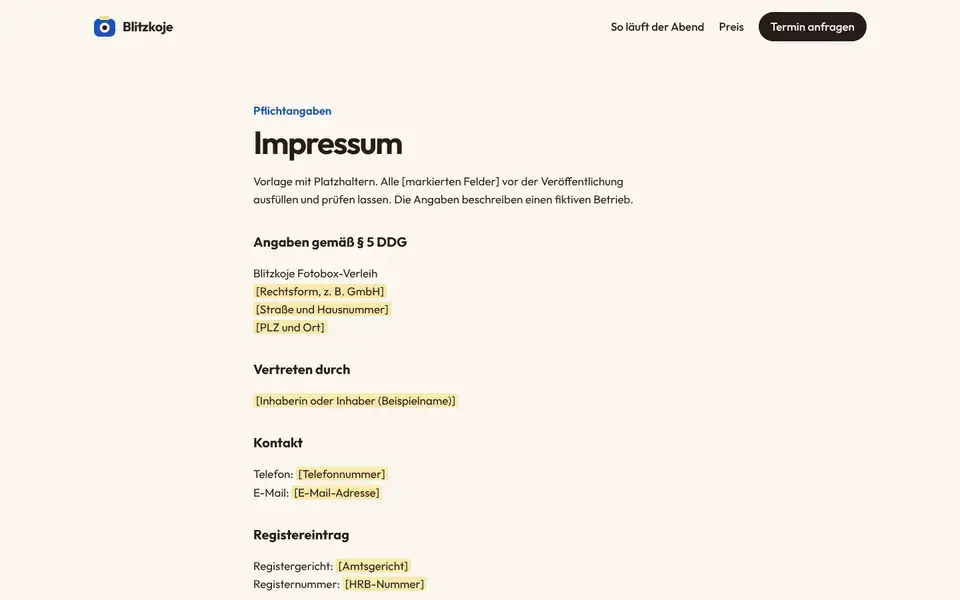 Blitzkoje, Seite „Impressum (Vorlage § 5 DDG)“, erster Bildschirm