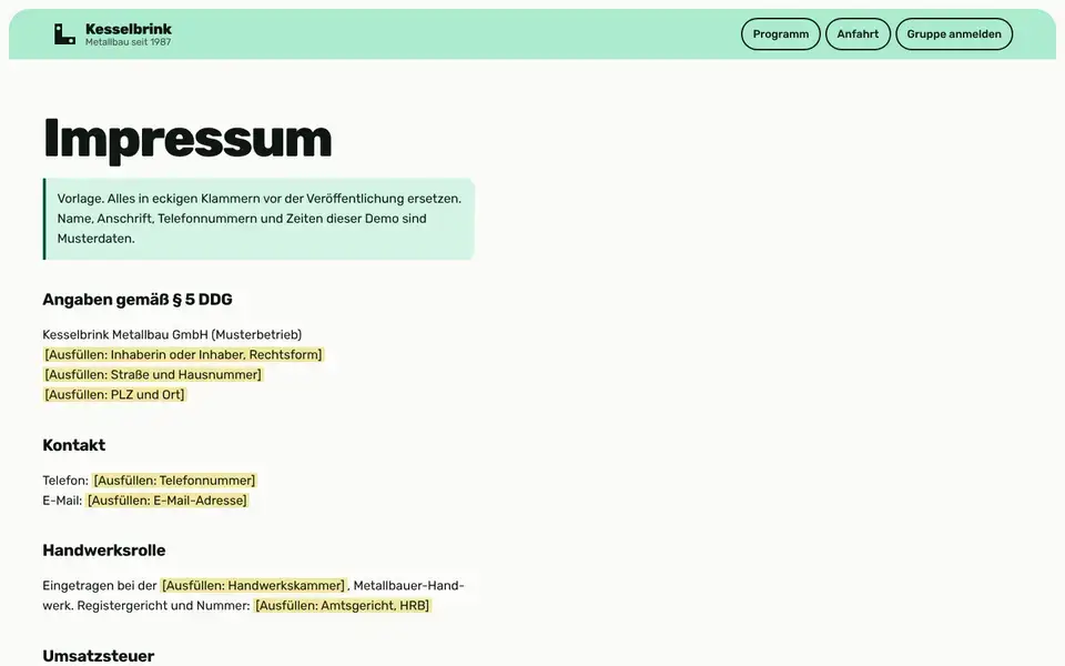 Kesselbrink, Seite „Impressum (Vorlage § 5 DDG)“, erster Bildschirm